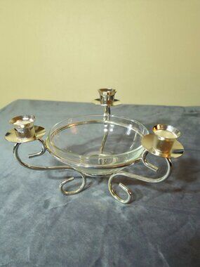 Silver Plated 3 Arm Candle Holder/Candelabra with Center Crystal Pedestal Bowl